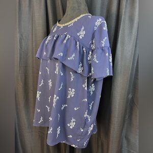 JUICY COUTURE Navy Blue Ruffle Sleeve Sparkle Collar Floral Blouse XXL f9